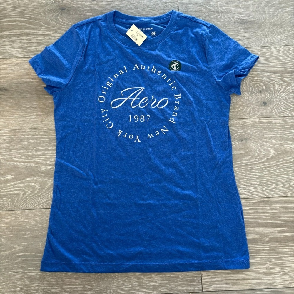 NWT Aéropostale Womens Blue Classic Crew Neck Slim Fit Graphic T-Shirt Size L‎